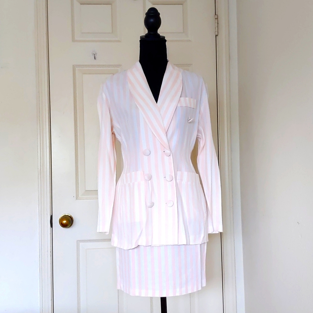 Double Breasted Long Blazer and Skirt set with stripes.